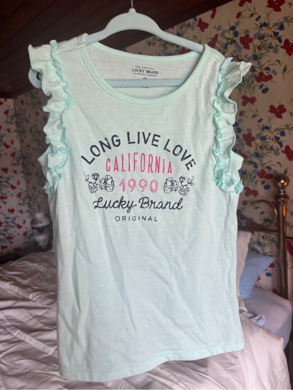 lucky brand girls 6x mint ruffle sleeve graphic tee california 1990 nwot